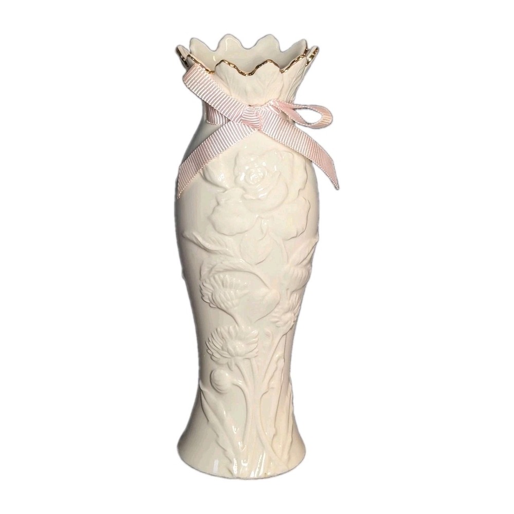 Lenox Vase Rose Bud Pink Ribbon 8"